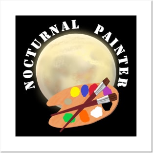 Nocturnal Painter. Moon and Artist Paint Palette with Brushes. Posters and Art